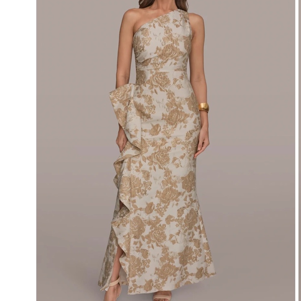 NEW DONNA KARAN New York One-Shoulder floral
jacquard Cascading Ruffle Gown